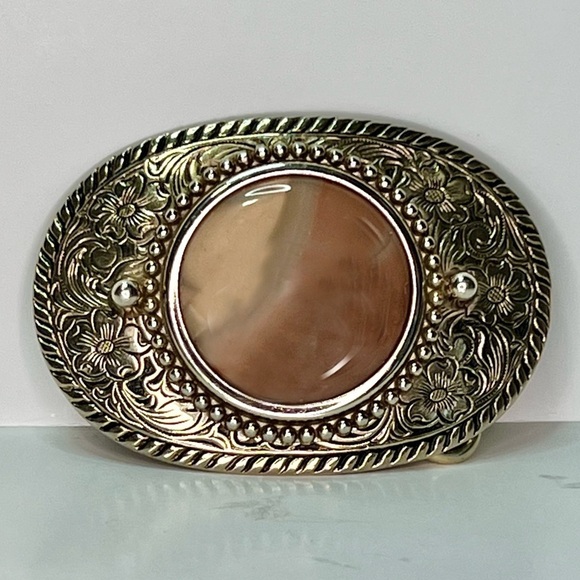 Vintage Western Stone Agate Cab Cabochon Etched Silver Gold Belt Buckle - Picture 2 of 7